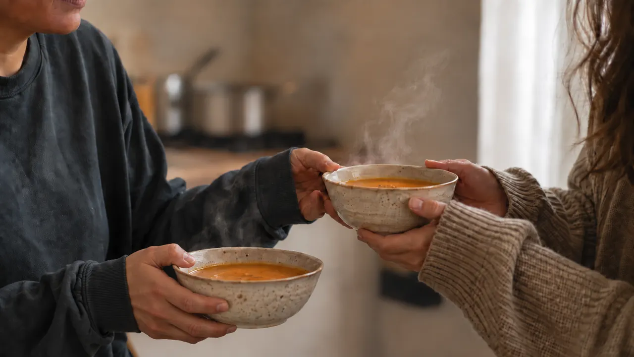 Twee mensen geven elkaar in de keuken een dampende kom verse soep door