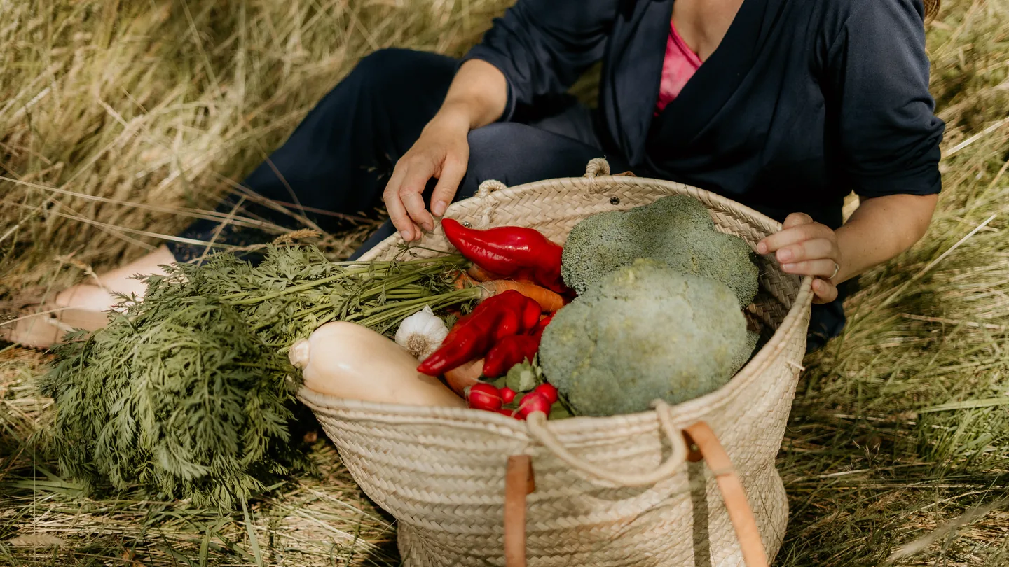 Een mand met verse paprika, broccoli en pompoen in het veld
